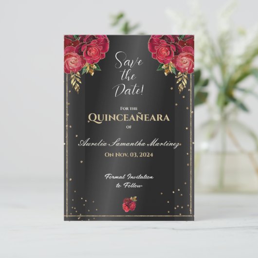 Schwarz mit Rote Rosen Quinceañera Save the Date (Stehend Vorderseite)