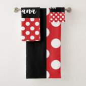 Schwarz mit roten weißen Polka Dots Personalisiert Badhandtuch Set (Insitu)