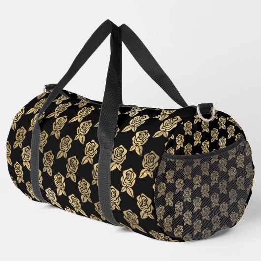 SCHWARZ MIT ROWS DER GOLD-ROSE-BLUME DUFFLE BAG (Rechte Ecke)