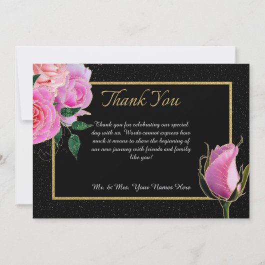 Schwarz mit schwarzem Glitzer und rosa Rosen Goldh Dankeskarte (Vorderseite)