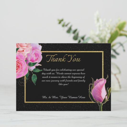 Schwarz mit schwarzem Glitzer und rosa Rosen Goldh Dankeskarte (Stehend Vorderseite)