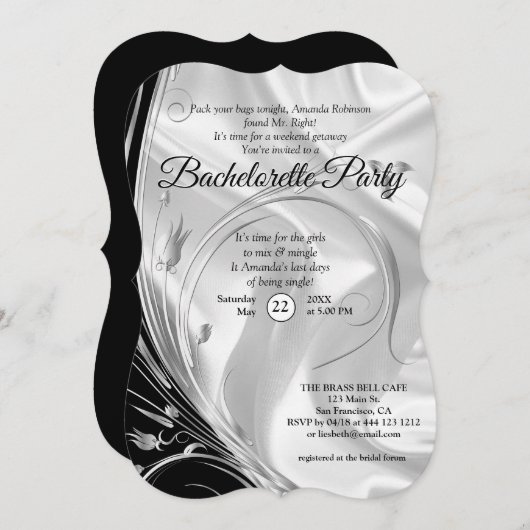 Schwarz mit Silber auf Champagner Silk Bachelorett Einladung (Vorne/Hinten)