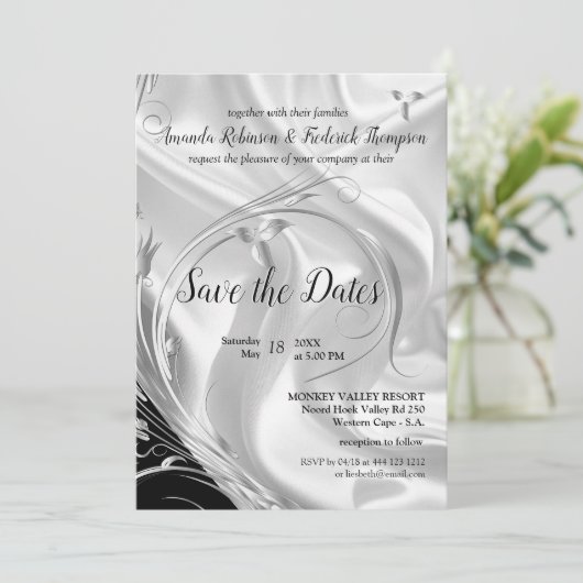 Schwarz mit Silber auf Champagner Silk Speichern S Einladung (Stehend Vorderseite)