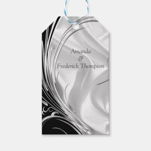 Schwarz mit Silber auf Elfenbeinseide Geschenkanhänger (Vorderseite)