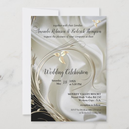 Schwarz mit Silber & Gold auf Champagner Silk Wedd Einladung (Vorderseite)