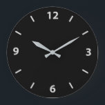 Schwarz mit Silbergrau Minimalistisch zeitgenössis Große Wanduhr<br><div class="desc">Schwarz mit Silver Gray Minimalistisch Zeitgenössische Personalisierte Uhr zeigt eine einfache Uhr mit silbergrauen Händen und Zahlen 3, 6, 9, 12, und Striche, um die anderen Zahlen auf einem schwarzen Hintergrund für einen sauberen zeitgenössischen Look zu repräsentieren. Sie können diese Uhr personalisieren, indem Sie die Hintergrundfarbe, die Zahlen, Ihre eigenen...</div>