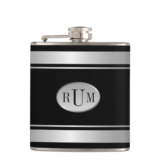 Schwarz mit Silberstreifen Borders Monogram Flask Flachmann (Vorderseite)