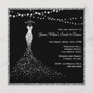 Schwarz mit Silver Glitzer Sweet 16 Einladung