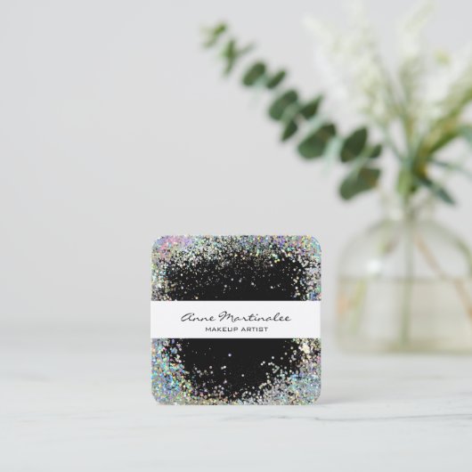 Schwarz mit Silver Holigraphic Look Imitate Glitze Quadratische Visitenkarte (Stehend Vorderseite)