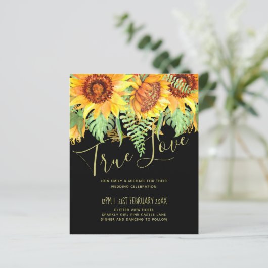 Schwarz mit Sonnenblumen Hochzeitbudget (Stehend Vorderseite)