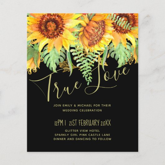 Schwarz mit Sonnenblumen Hochzeitbudget (Vorderseite)