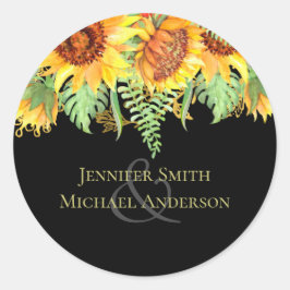 Schwarz mit Sonnenblumen Hochzeitbudget Runder Aufkleber