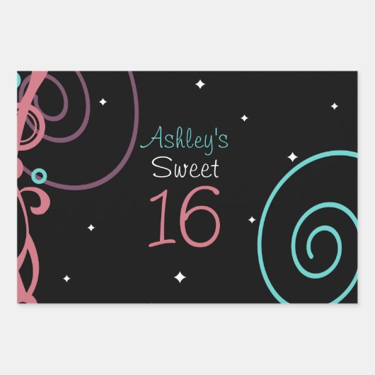Schwarz mit Sternen und Wirbel süß 16 Geschenkpapier Set (Vorderseite)