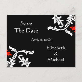 Schwarz mit Weiß, Red Damask Hochzeit Save the Dat Ankündigungspostkarte
