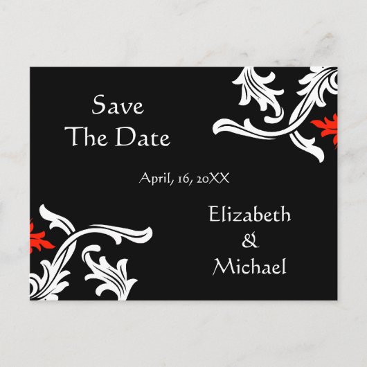 Schwarz mit Weiß, Red Damask Hochzeit Save the Dat Ankündigungspostkarte (Vorderseite)