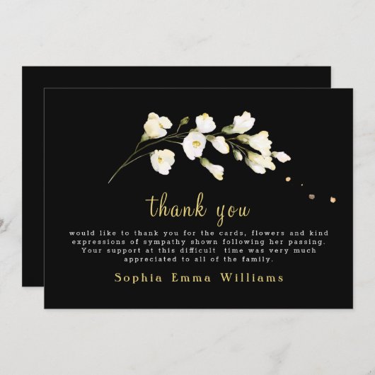 Schwarz mit weißer Blume Dankeskarte (Vorne/Hinten)
