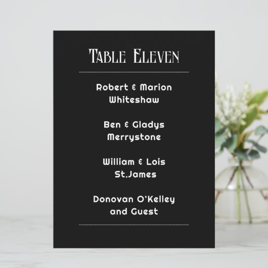 Schwarz mit weißer Tischnummer-Gästekarte Programm (Stehend Vorderseite)
