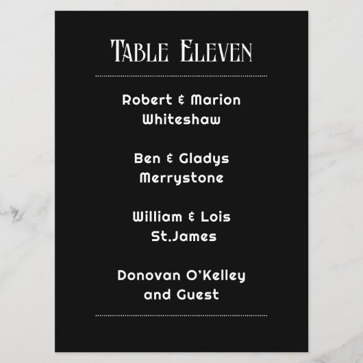 Schwarz mit weißer Tischnummer-Gästekarte Programm (Vorderseite)