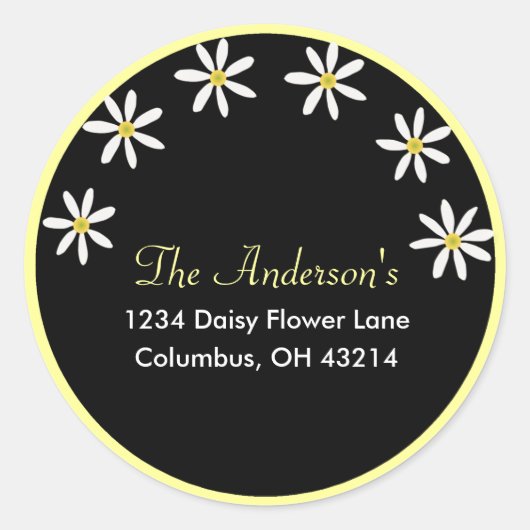 Schwarz mit White Daisis Address Labels Runder Aufkleber (Vorderseite)