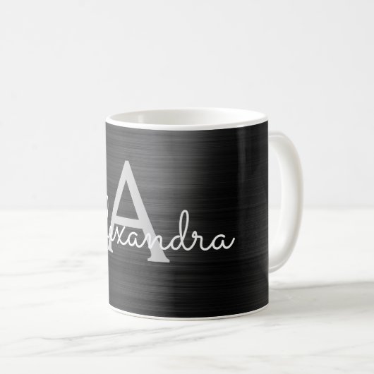 Schwarz-Modern-Elegant-Metallic-Monogramm-Name Kaffeetasse (VorderseiteRechts)