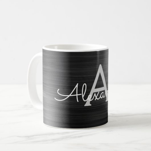 Schwarz-Modern-Elegant-Metallic-Monogramm-Name Kaffeetasse (Vorderseite Links)