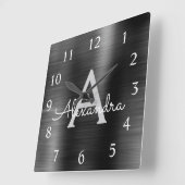 Schwarz-Modern-Elegant-Metallic-Monogramm-Name Quadratische Wanduhr (Winkel)