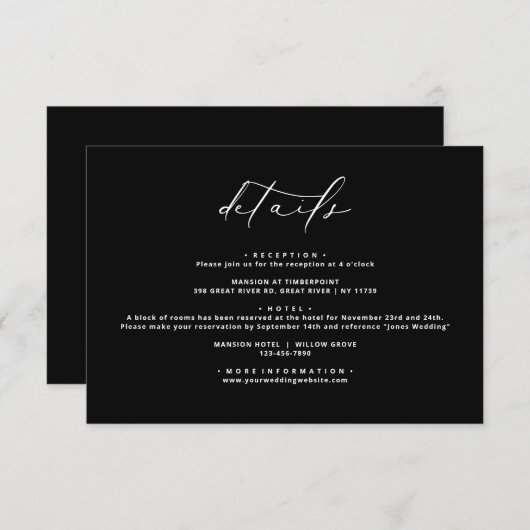 Schwarz-modern-elegante kalligraphische Hochzeitsd Begleitkarte (Vorne/Hinten)