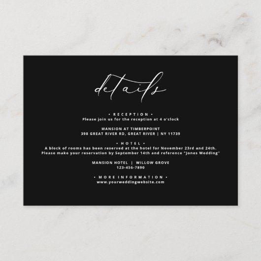 Schwarz-modern-elegante kalligraphische Hochzeitsd Begleitkarte (Vorderseite)