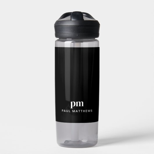 Schwarz Modern Minimal Custom Monogram und Name Trinkflasche (Vorderseite)