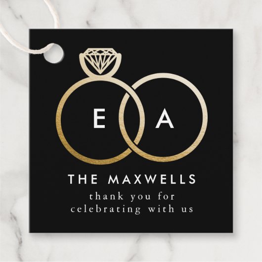 Schwarz-Modern-Monogramm-Goldene Hochzeitsringe Geschenkanhänger (Vorderseite)