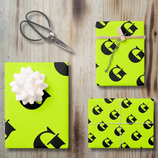 Schwarz-Modern-Monogramm | Neongelb Limon Geschenkpapier Set