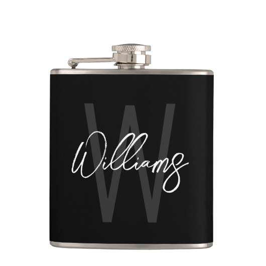 Schwarz-Modern-Script-Personalisiert-Monogramm und Flachmann (Vorderseite)