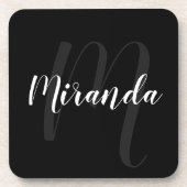 Schwarz-Modern-Script-Personalisiert-Monogramm und Getränkeuntersetzer (Vorderseite)