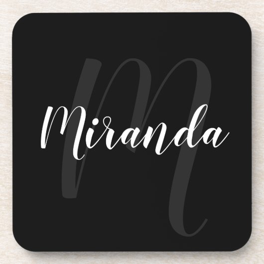Schwarz-Modern-Script-Personalisiert-Monogramm und Getränkeuntersetzer (Vorderseite)
