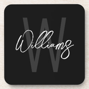 Schwarz-Modern-Script-Personalisiert-Monogramm und Getränkeuntersetzer