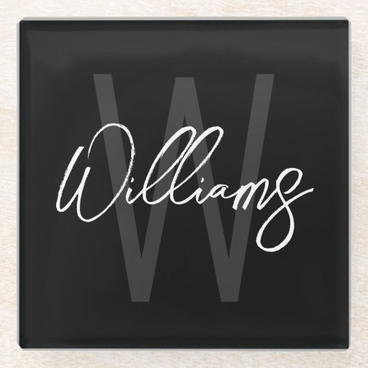 Schwarz-Modern-Script-Personalisiert-Monogramm und Glasuntersetzer (Vorderseite)