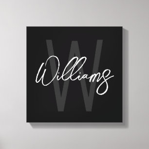 Schwarz-Modern-Script-Personalisiert-Monogramm und Leinwanddruck