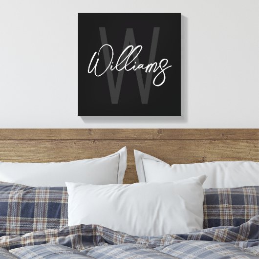 Schwarz-Modern-Script-Personalisiert-Monogramm und Leinwanddruck (Insitu (Schlafzimmer))