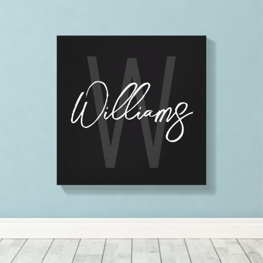 Schwarz-Modern-Script-Personalisiert-Monogramm und Leinwanddruck (Insitu (Holzboden))
