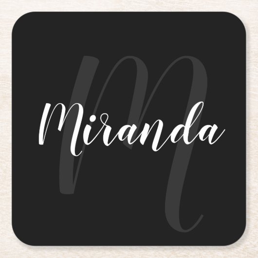 Schwarz-Modern-Script-Personalisiert-Monogramm und Rechteckiger Pappuntersetzer (Vorderseite)