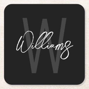 Schwarz-Modern-Script-Personalisiert-Monogramm und Rechteckiger Pappuntersetzer
