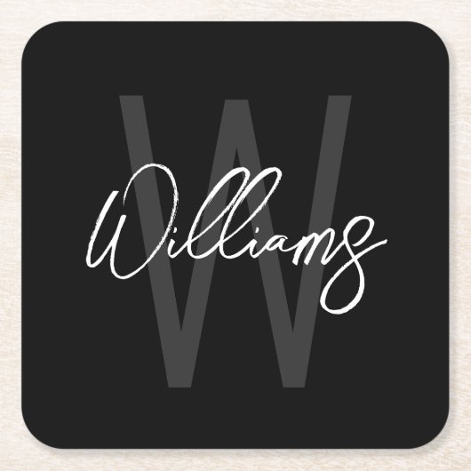 Schwarz-Modern-Script-Personalisiert-Monogramm und Rechteckiger Pappuntersetzer (Vorderseite)