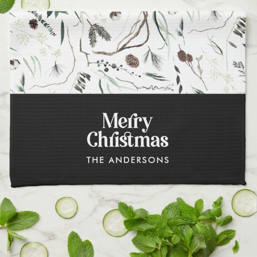 Schwarz moderne elegante Wasserfarbe botanische ru Geschirrtuch (Gefaltet)