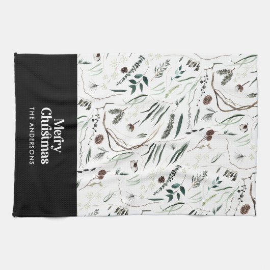 Schwarz moderne elegante Wasserfarbe botanische ru Geschirrtuch (Horizontal)