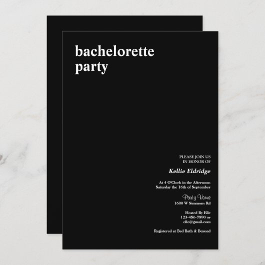 Schwarz-Moderne Junggeselinnen-Abschied Einladung (Vorne/Hinten)