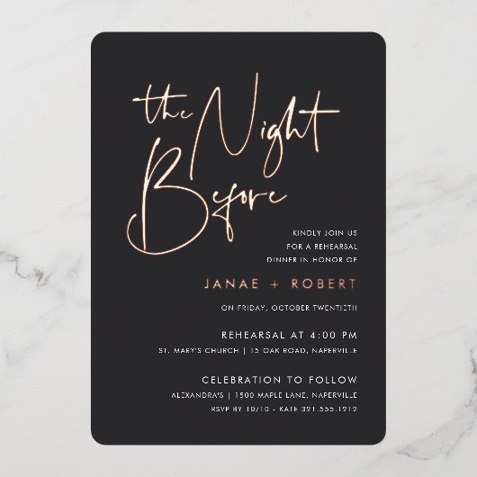 Schwarz | Modernes Minimal Script Probe Dinner Folieneinladung (Vorderseite)