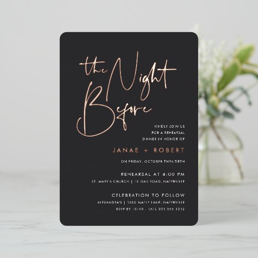 Schwarz | Modernes Minimal Script Probe Dinner Folieneinladung (Stehend vorne)