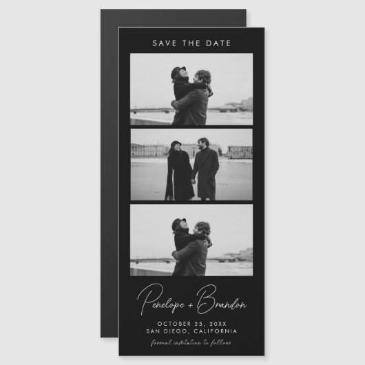 Schwarz Modernes Script Foto Strip Magnetic Weddin Magnetkarte (Vorne/Hinten)