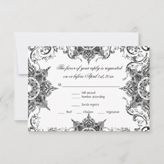 Schwarz-n-Weiß-Damaskus-Swirt-Hochzeitskarte RSVP Karte (Vorderseite)