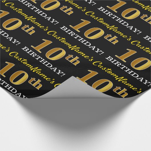 Schwarz, Nachahmung Gold "10. GEBURTSTAG" Geschenkpapier (Ecke)